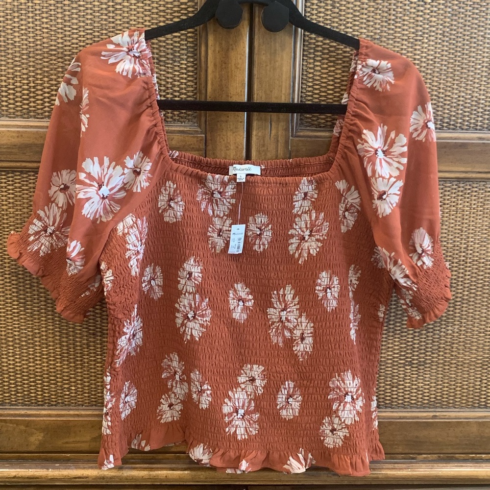 Madewell Georgette Lucie Puff-Sleeve Smocked Top